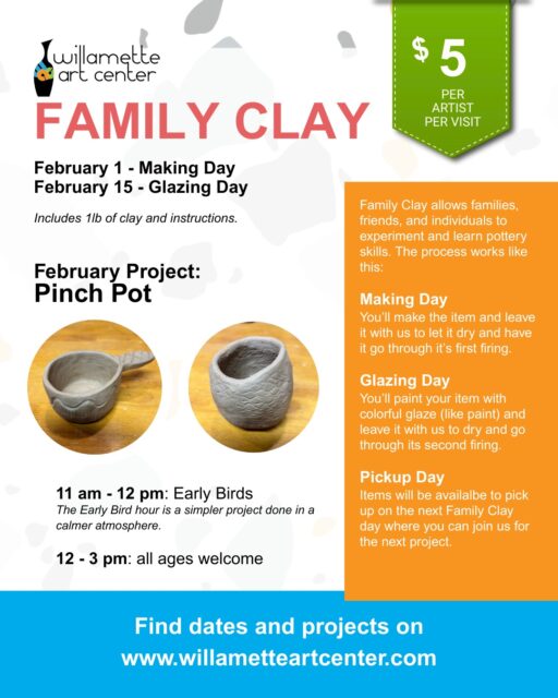 Family Clay Sundays return Feb. 1!11 a.m. for early birds (simpler project in a calmer atmosphere).12 - 3 p.m. all ages drop-in. Just $5 per artist.