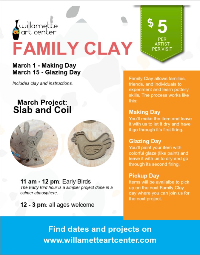 Family Clay Sunday is back this weekend!We have a few made-ahead kits for people who can't attend on Sunday, but still want to create. Stop by the WAC and pick one up for just $5.