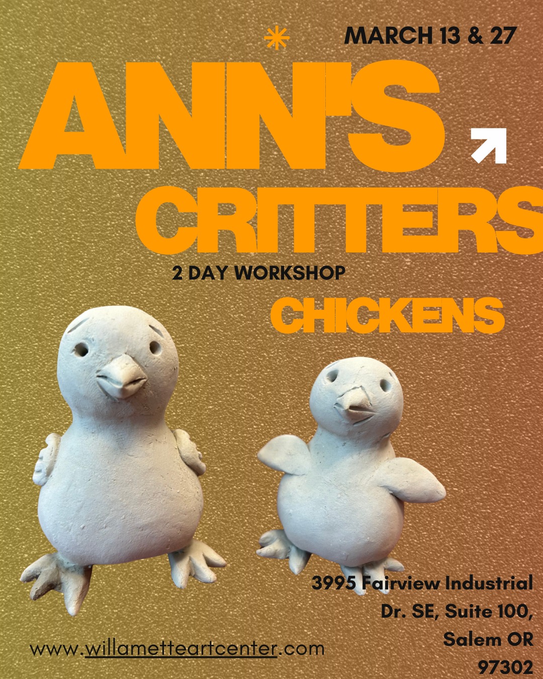 "Feeling a little cooped up? 🐣Registration for our Spring Term is officially open! Kick things off with our 2-day 'Ann’s Critters' workshop. For just $45, you’ll create three adorable ceramic chickens and get a first look at our brand-new studio space! It’s going to be egg-cellent.✨ Details:What: 2-Day Chicken Workshop, March 13th and March 27thCost: $45Where: 3995 Fairview Industrial Dr. SE, Suite 100
