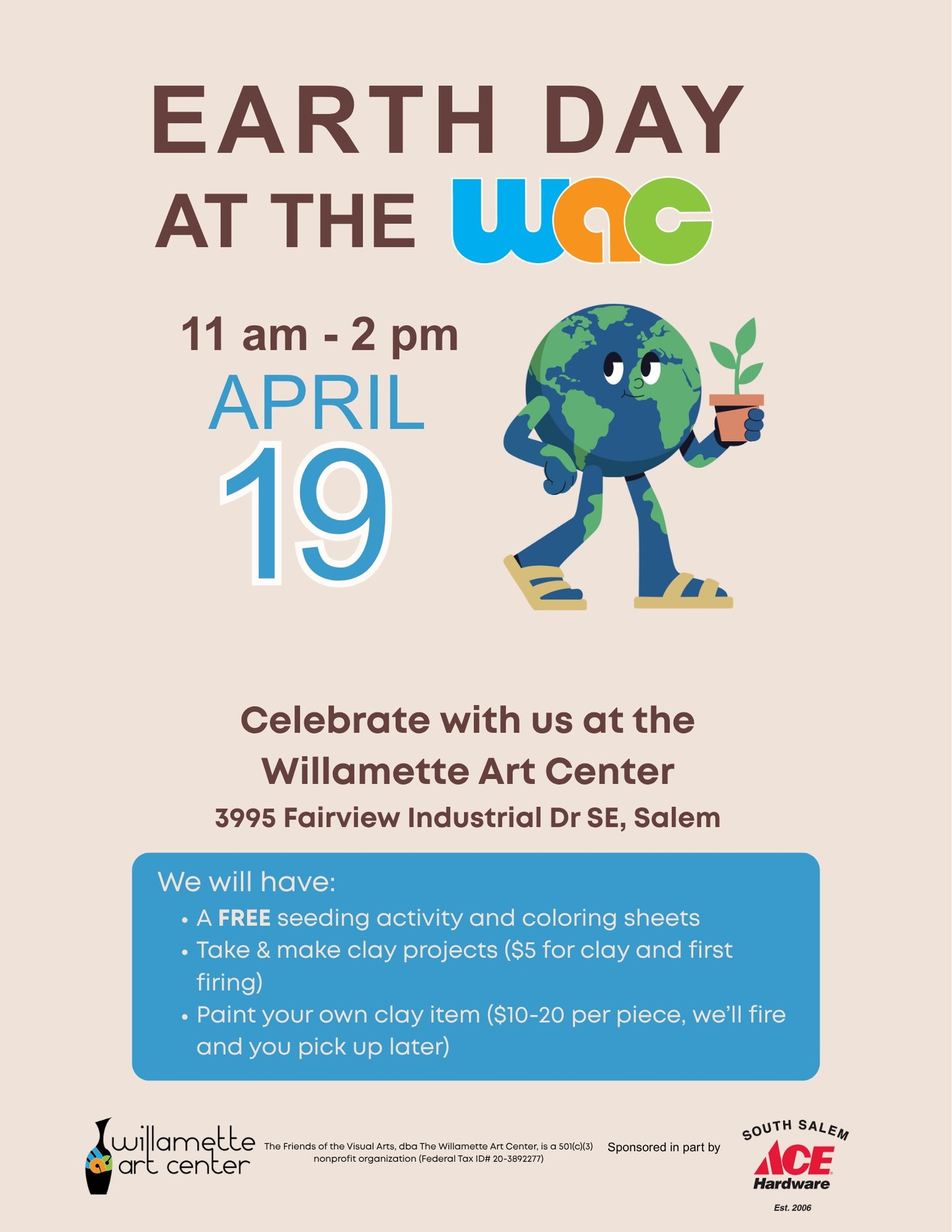In conjunction with our Family Clay Sunday glazing day, we're celebrating Earth Day.You can help our event be successful by dropping your empty toilet paper and paper towel rolls at the WAC.