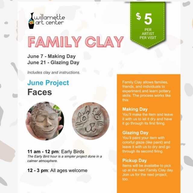 It's a new month with a new project for Family Clay. June is FACES!Join us on Sunday, 6/7 (😂😂), and make a self-portrait, create a character, or immortalize your pet. Just $5 per project/piece to make and $5 to glaze when you come back on the 6/21All ages welcome! See you Sunday!