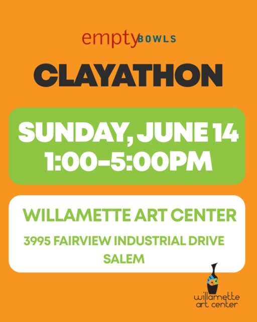 Calling all potters! We provide the clay, glaze and firing. You provide the hand-building or wheel-throwing pottery skills. Join us this Sunday, June 14 at Willamette Art Center for our first CLAYATHON of the year! Pieces made at our CLAYATHONS will be sold at our November 21 Empty Bowls event. Proceeds from Empty Bowls are split between Marion Polk Food Share and Willamette Art Center. Can't make it on Sunday? No problem. We'll also be hosting CLAYATHONS on:Saturday, June 20, 1:00-5:00Thursday, June 25, 4:00-8:00Saturday, June 27, 1:00-5:00