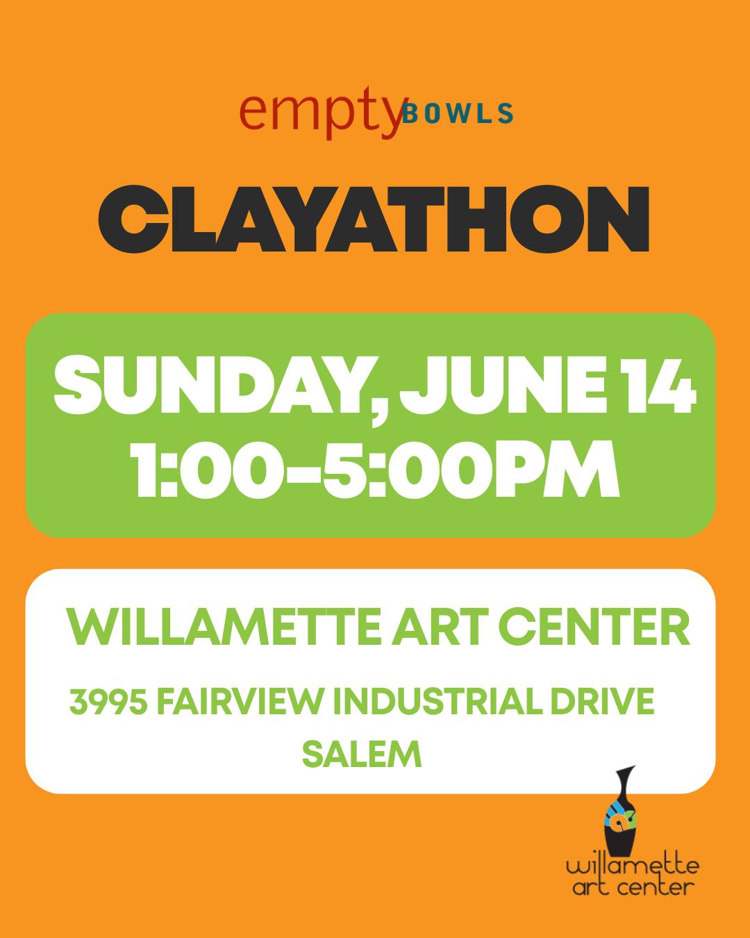 Calling all potters! We provide the clay, glaze and firing. You provide the hand-building or wheel-throwing pottery skills. Join us this Sunday, June 14 at Willamette Art Center for our first CLAYATHON of the year! Pieces made at our CLAYATHONS will be sold at our November 21 Empty Bowls event. Proceeds from Empty Bowls are split between Marion Polk Food Share and Willamette Art Center. Can't make it on Sunday? No problem. We'll also be hosting CLAYATHONS on:Saturday, June 20, 1:00-5:00Thursday, June 25, 4:00-8:00Saturday, June 27, 1:00-5:00