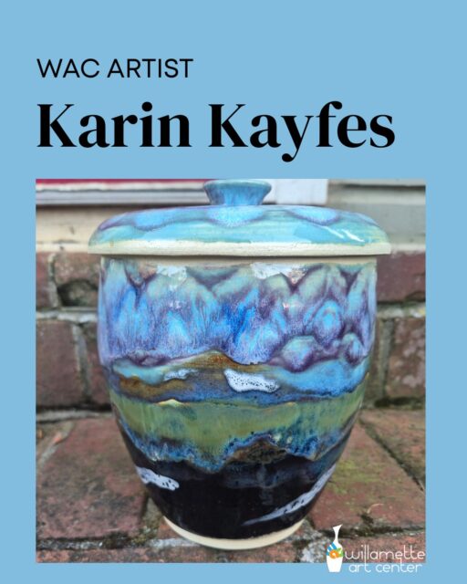 Making art in a welcoming, nurturing place like the Willamette Art Center can be healing and beautiful.WAC artist Karin Kayfes created this stunning jar as part of her own healing journey.“When the WAC reopened in January, I was recovering from hand surgery and grieving the loss of my mom,” Karin said. “I decided I wanted to throw an urn for her ashes. That was the beginning of a journey of learning to throw bigger while moving through the slow work of grief and healing.Talking to people at the studio about what I was working on took us from small talk to deeper conversations in one sentence. These connections and conversations nurtured me in my growth and in my processing of my grief.”Karin made this wonderful vessel on the wheel out of Oregon White clay. The bottom glaze is Amaco Obsidian, with bands of Amaco's Blue Rutile, Ancient Copper, and Seaweed above that, each overlapping the previous glaze. The white swooshes are Amaco Snow. The top third of the cookie jar is Mayco Norse Blue topped with zigzags and dots of Spectrum Running Hot Chowder and then covered with Amaco Mulberry. The lid has that same combo. All glazes were applied three layers thick.“This form was a failed urn- I had to learn how to keep the width from getting away from me-but I still liked it and turned it into a cookie jar. There's a lesson in there somewhere, but if it's about cookie jars and urns, failure and growth, or sweetness and sorrow, I'm not sure,” said Karin.No matter what Karin decides to call this piece, we think it’s breathtaking.