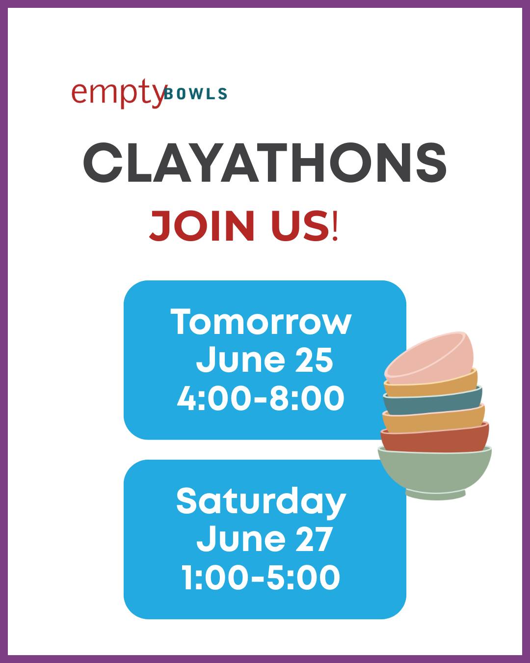 Join us tomorrow night and this Saturday for our clayathons! Help us create clay pieces for our Empty Bowls event, benefiting Marion Polk Food Share and Willamette Art Center. We've got plenty of parking, yummy snacks and a wonderful community of people. You'll find us at 3995 Fairview Industrial Drive in Salem. See you there!