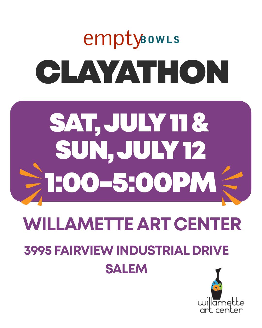 If you're a potter looking for a great way to give back to the community, come be a part of our upcoming Clayathons! Just bring yourself and your favorite tools, we'll provide the clay, glazing, firing and a wonderful space to create. July 11 & 12 - 1:00 - 5:00 pm both days