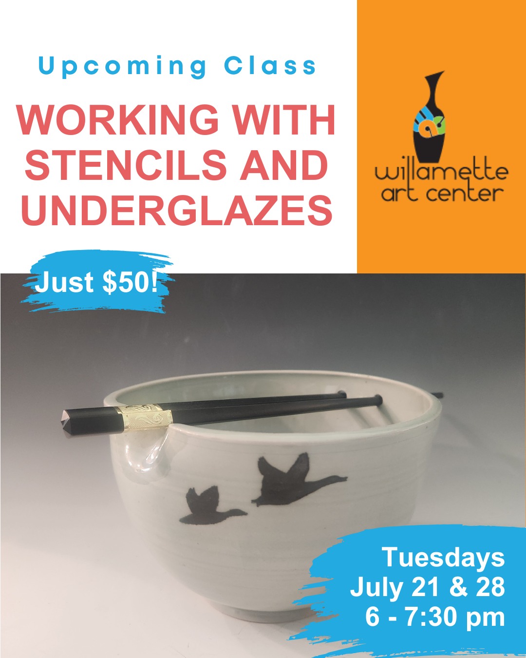 Learn stenciling and under glazing techniques from master potter Jim Ransom in this two-session workshop at Willamette Art Center.You'll choose your own stencil designs and work with Jim to understand how take your own clay pieces to the next design level.A bisque ware mug and glaze firing are provided. The workshop is just $50! Register at willametteartcenter.com/classes-workshops.