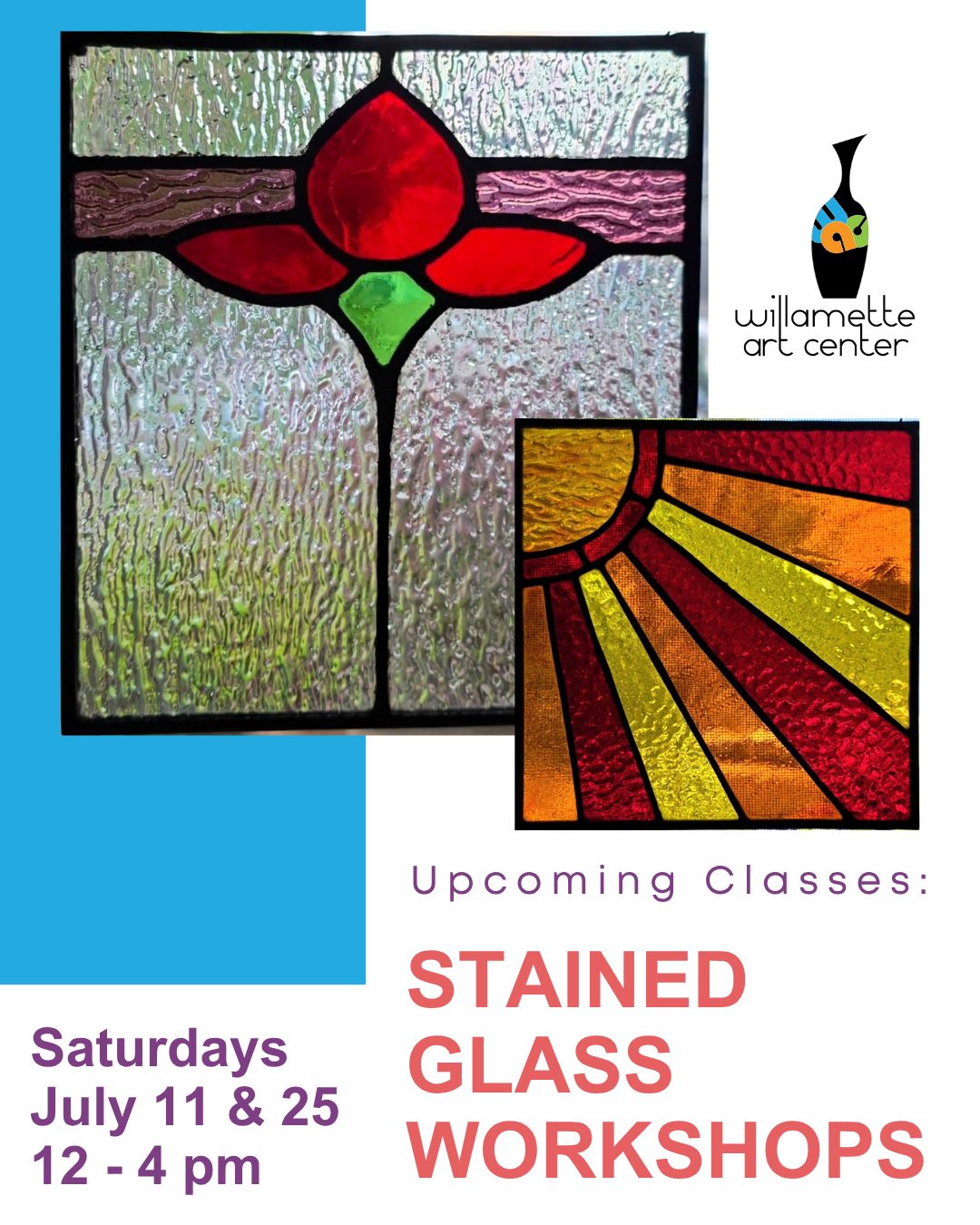 Saturday is for stained glass!Join us today at noon or on Saturday, July 25 and make your own stained glass work of art. Today's class will create the delicate English Rose adaptation piece and on July 25th you can create the wonderful sunburst. An introduction to Stained Glass: Learn copper foiling and soldering techniques for the Tiffany-style stained glass process in an informal, personal, and supportive environment.$130 per personOur community studio will be buzzing with creative energy all afternoon. Hope to see you there!