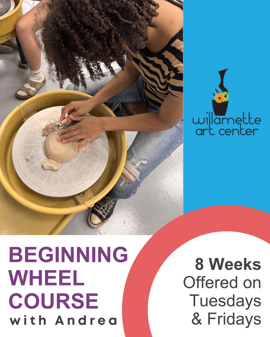 Warning: This class may result in a sudden obsession with handmade mugs. ⚠️☕ Join Andrea for an intro to wheel-throwing! No experience? No problem. Andrea will guide you from total beginner status to confidently building your skills. Come learn the basics, make a mess, and create something beautiful. Tuesday afternoons from 1:30 to 4pm. Classes run August 4th through September 22nd.Visit our website or tap the link in our bio to register before spots fill up!#PotteryClass #WheelThrowing #CeramicsArt #GetYourHandsDirty #WillametteArtCenter