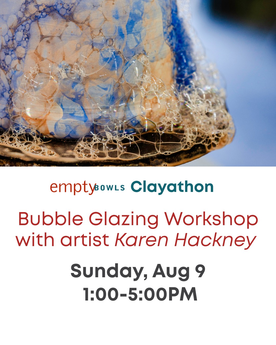 Our bubble glazing workshop with Karen Hackney is tomorrow! Be there from 1:00-5:00PM to play with bubbles and the mesmerizing textures they add to ceramic pieces.No experience necessary, but we highly recommend wearing an apron. It's messy and fun!