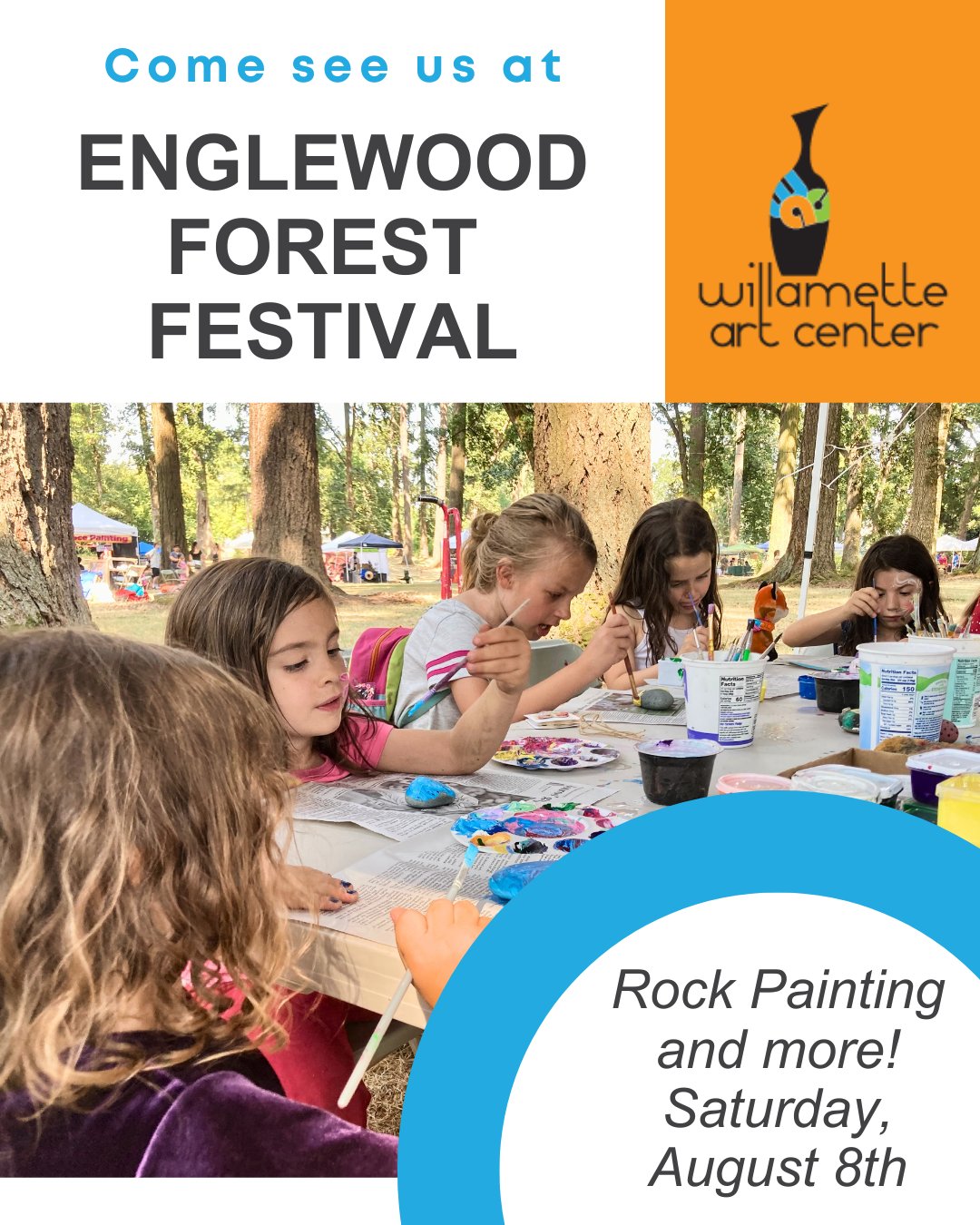 Visit the Willamette Art Center booth at Englewood Forest Festival this weekend! We'll be painting rocks, sharing info about the studio, and supporting this wonderful annual festival. @englewoodforestfest #willametteartcenter #artistcommunity #salemoregon #whatshappeningsalem #ceramicsstudio
