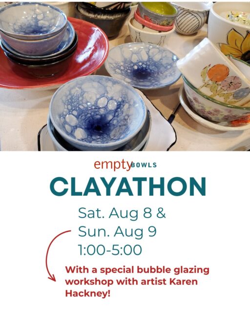 You've got TWO Clayathon chances in the studio this weekend to help prepare more pieces for our upcoming Empty Bowls fundraiser. We're making on Saturday and Sunday from 1:00-5:00PM.Sunday's event includes a very special bubble glazing workshop from artist and dear friend to the WAC, Karen Hackney. Join us for a weekend of fun, food, music, bubbles and of course, CLAY!