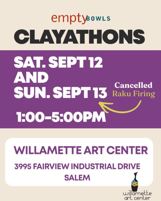 Update! The Raku portion of the Clayathon is cancelled for Sunday. If we end up with enough pieces appropriate for raku we’ll schedule another time. Regular clayathons are happening today and tomorrow as scheduled. See you there!