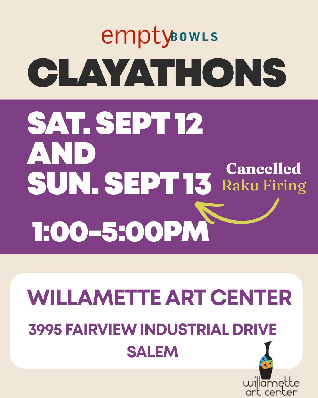 Update! The Raku portion of the Clayathon is cancelled for Sunday. If we end up with enough pieces appropriate for raku we’ll schedule another time. Regular clayathons are happening today and tomorrow as scheduled. See you there!