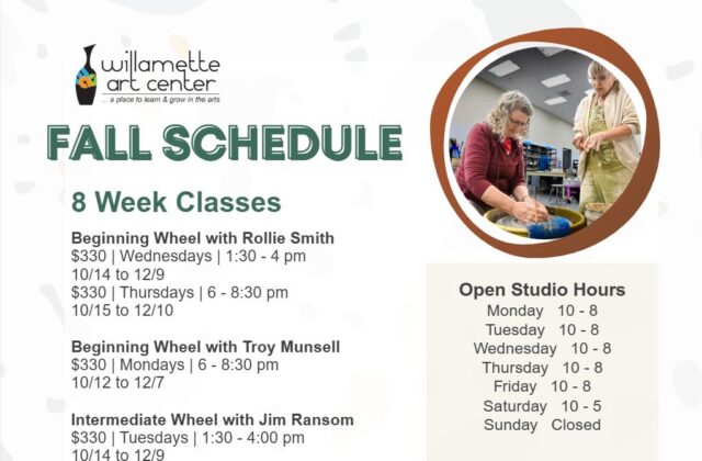 Our Fall Classes are live and registration is open. Join us for 8-week classes and workshops. Wheel classes, handbuilding, raku, oil painting, and more are all on the schedule. There is something for everyone!(keep checking back too - we'll keep posting new workshops as the details get finalized)willametteartcenter.com/classes-workshops