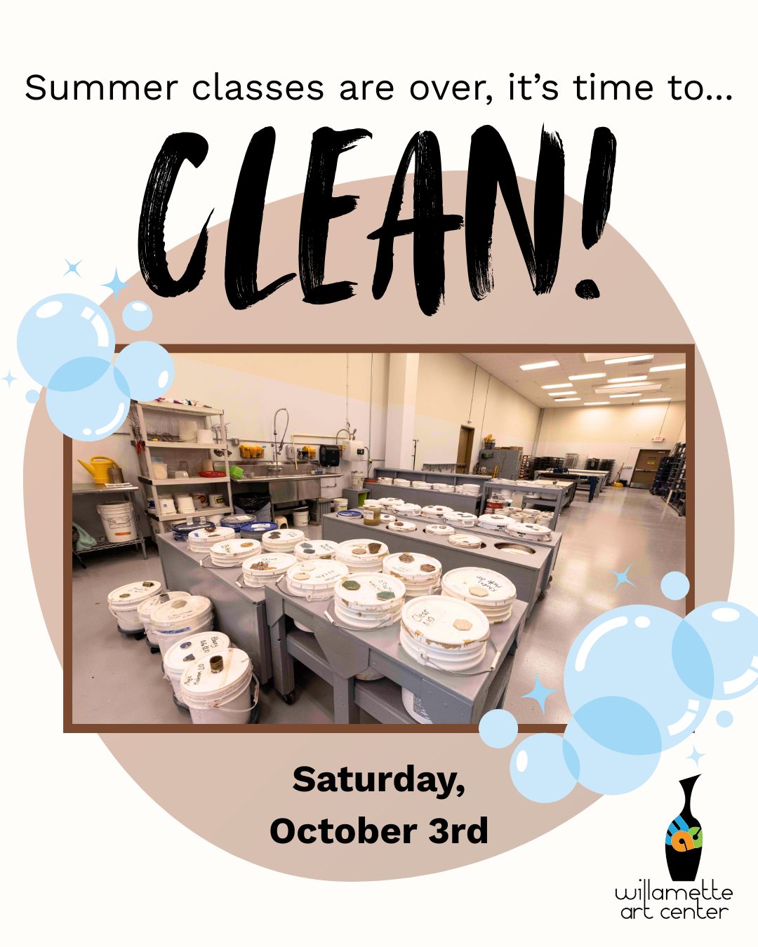 Calling all clay lovers! 📣 Our ceramics community thrives because of awesome people like you. Between class sessions, our studio needs a little TLC to reset and get ready for the next batch of creativity.Join us on Saturday, October 3rd for a volunteer studio clean-up! 🧽✨ Whether you can spare an hour or the whole afternoon, many hands make light work. It’s a great way to give back to the studio, meet fellow potters, and keep our space inspiring for everyone. Cleaning will begin at noon on Saturday!Drop a 🙋‍♀️ in the comments if you can make it, or send us a message for more details!#WillametteArtCenter #CeramicsCommunity #StudioCleanUp #PotteryStudio #Volunteer #SalemOregon ##WillametteArtCenter #CeramicsCommunity #StudioCleanUp #PotteryStudio #Volunteer #SalemOregon ##potterylifePotteryLife