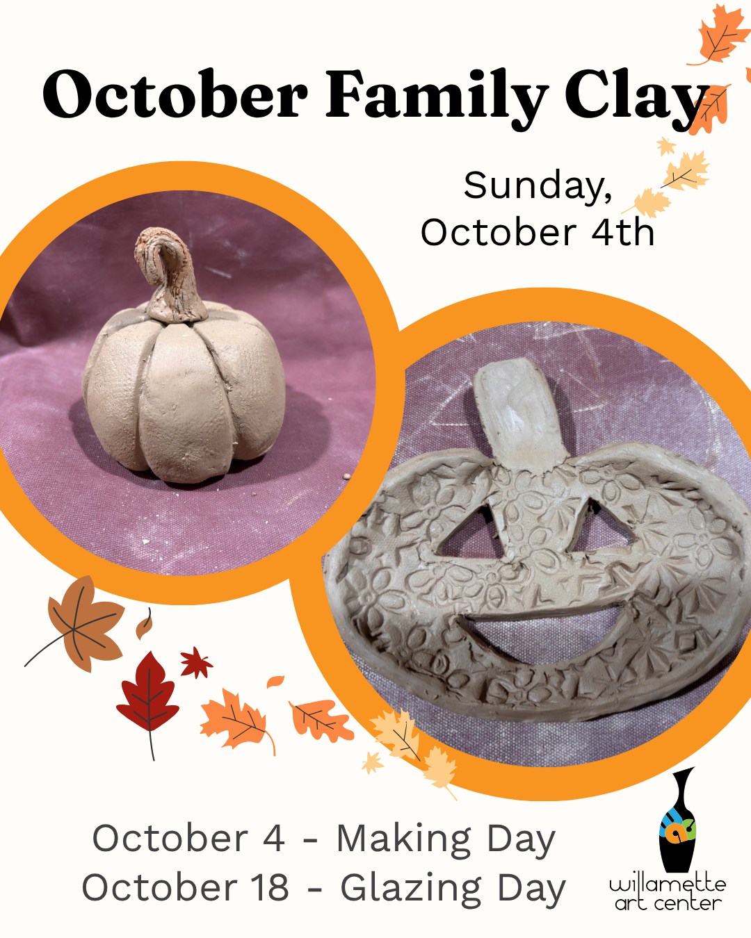 Join us this Sunday for October Family Clay! 🎃 We're making clay pumpkins perfect for the season. $5 per maker per visit. 11 am - 12 pm: Early Birds: a simpler project done in a calmer atmosphere. 12 - 3 pm: All ages welcome#WillametteArtCenter #CeramicsCommunity #PotteryStudio #FamilyFun #SalemOregon #PotteryLife