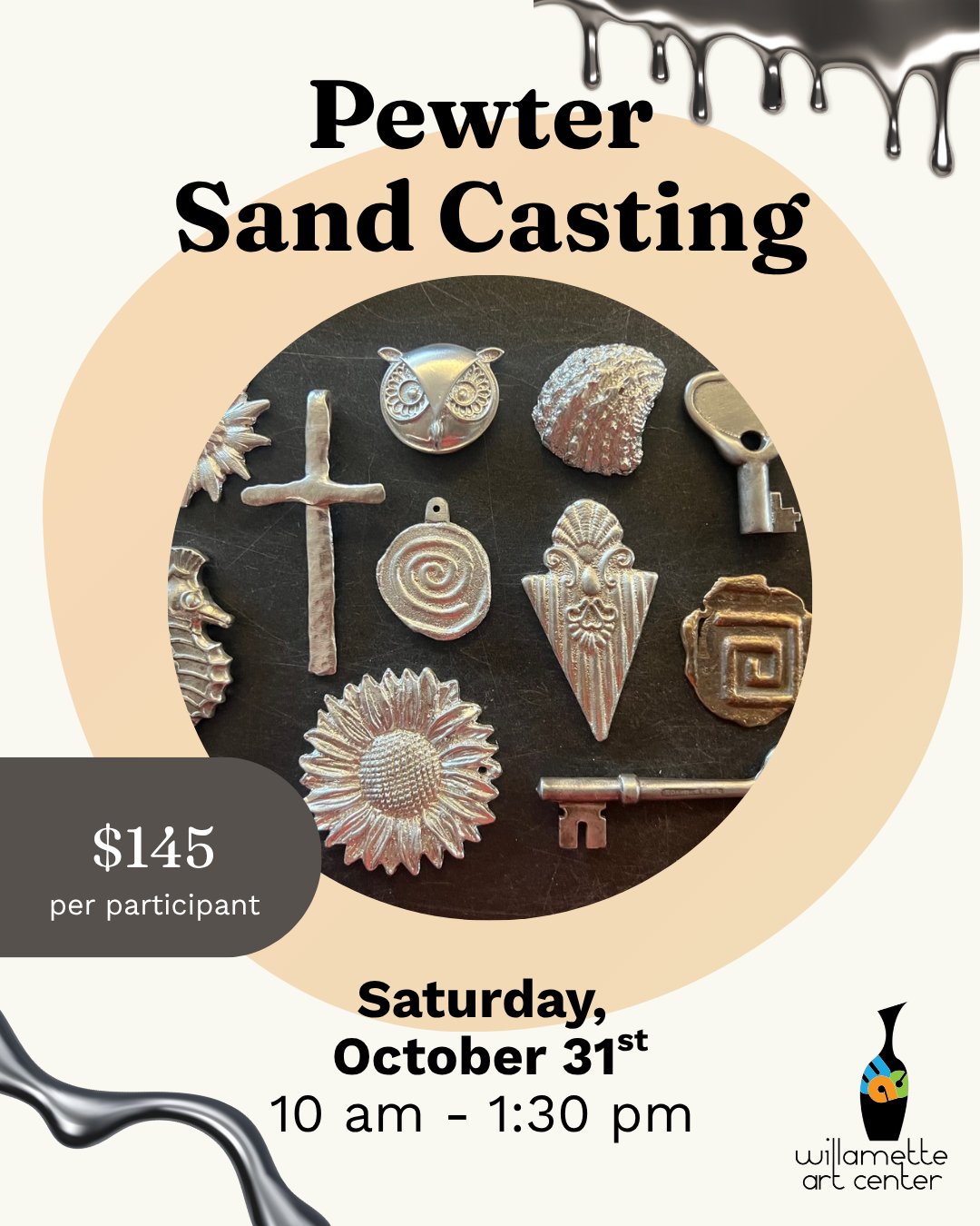 Sand casting is one of the world's oldest metalworking techniques, dating back more than 3,000 years: raw, elemental, and beautifully unpredictable. ✨🖤You will create a one-of-a-kind piece from start to finish - building a sand mold, seeing the casting of the molten metal, and finishing your piece.Spaces are limited, sign up while there's still room!#willametteartcenter #sandcasting #artworkshop #salemoregon #learningisfun