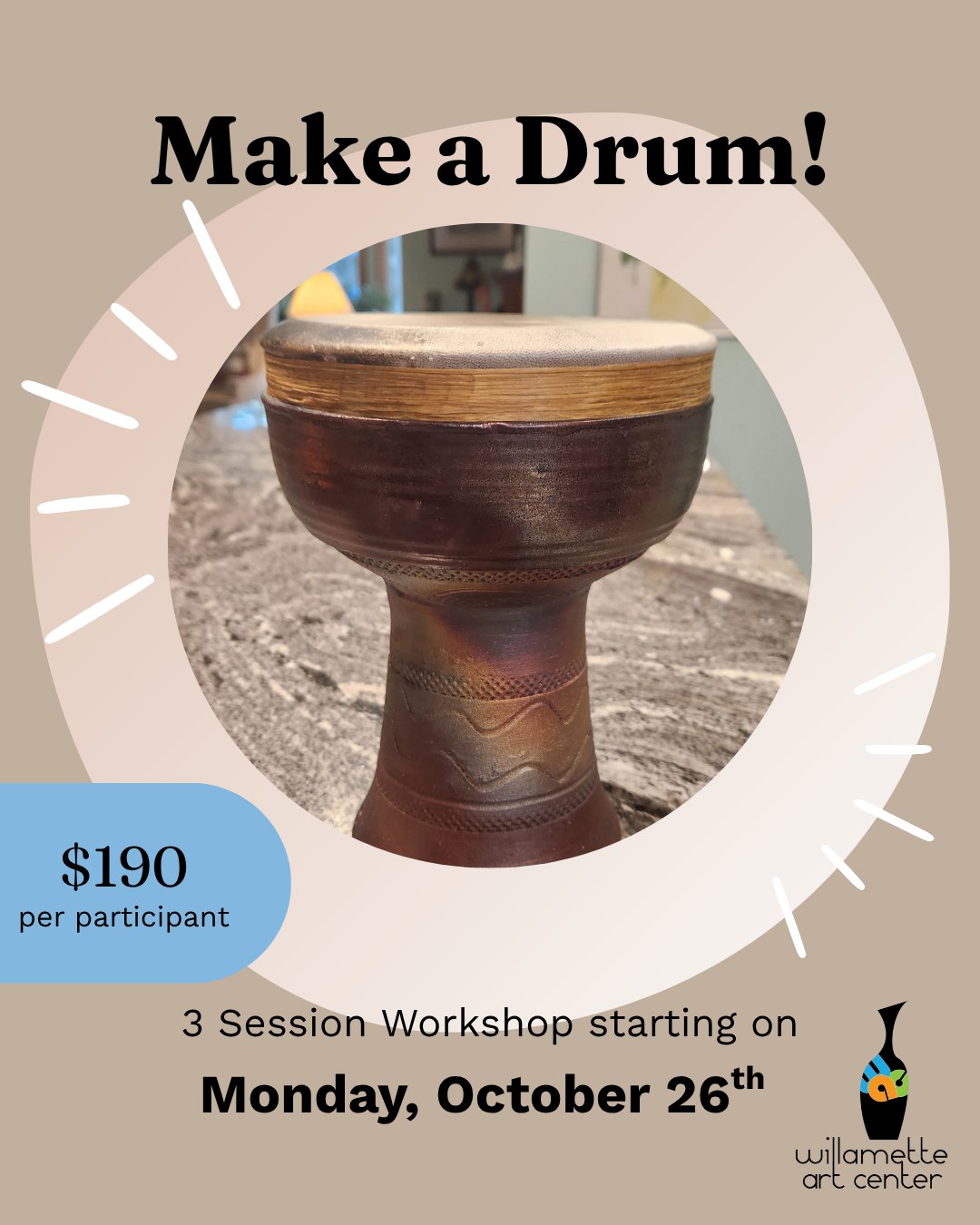 Glaze. Fire. Play. ✨Ready to craft something truly unique? Join us for an exclusive 3-session workshop to create your own ceramic drum! 🥁You'll start with a handmade ceramic drum barrel crafted by Jim, apply raku glazes, and experience the excitement of watching your piece be fired under the expertise of Studio Manager Doug Dacar. Come back in to fit the leather drumhead, trim, and play your drum! Spaces are limited for this unique experience. Snag a spot while they're still available! #willametteartcenter #potteryclass #GlazeMagic #Raku #artworkshop
